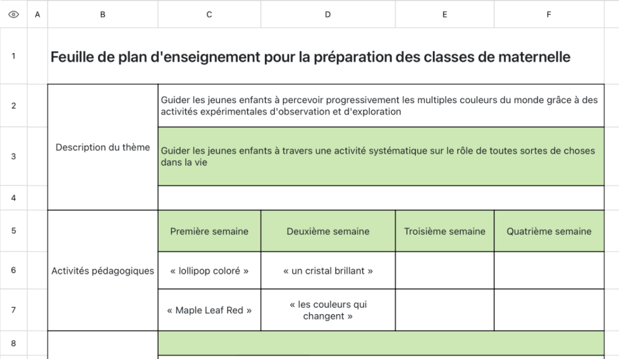 Feuille de plan d'enseignement pour la préparation des classes de maternelle
